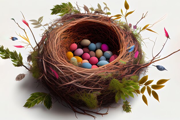 Top view of colored eggs for easter in basket Generative Ai