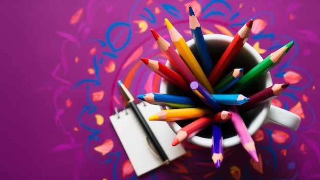 Top view of colored pencils in cup and note pad on purple background