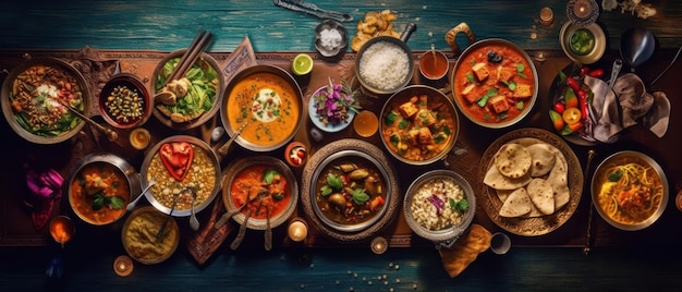 Top view of a colorful assortment of Indian food beautifully arranged on a table Generative AI