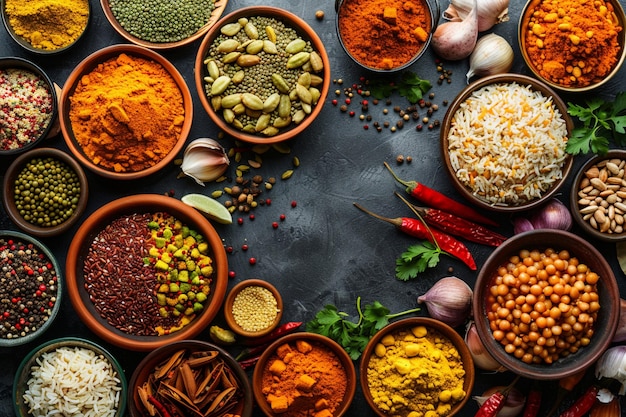 Photo top view of a colorful assortment of indian food beautifully arranged on a table