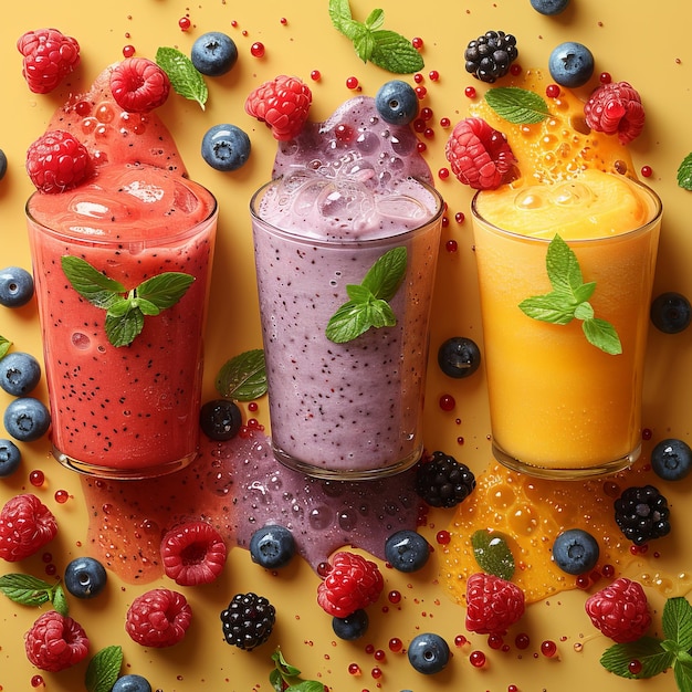 Top view colorful berry smoothies fresh fruits yellow background Healthy refreshing summer drinks