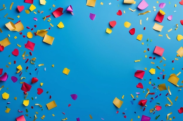 Top view of colorful confetti scattered on blue background