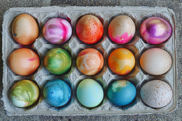 Top View of Colorful Easter Eggs in Carton