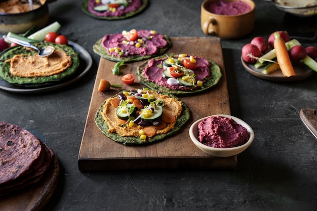 Top view over colorful hummus