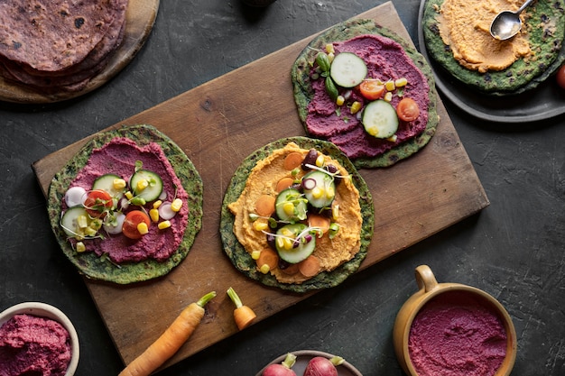 Top view over colorful hummus