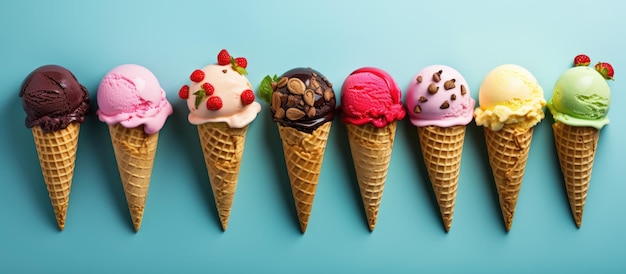 Top view of colorful ice cream scoops in cones with copy space on a blue background The ice