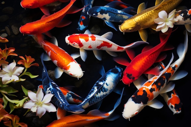 Top view colorful koi fishes