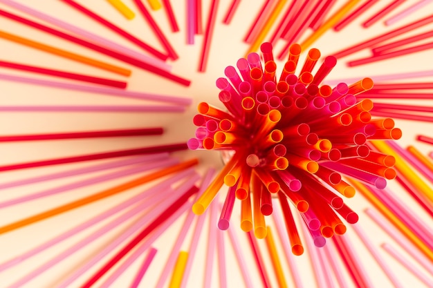 Top view colorful plastic straw collection