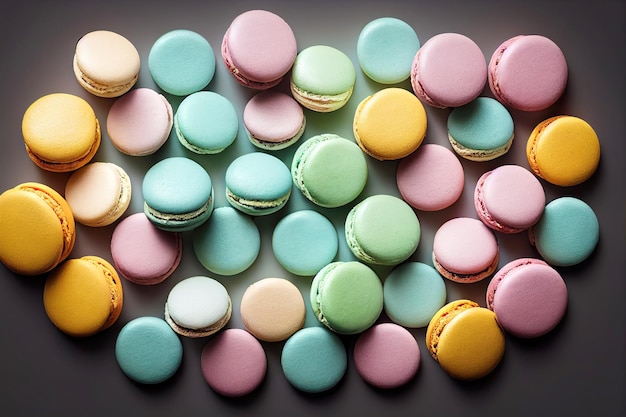 Top view colorful row delicious Macarons generative art by AI