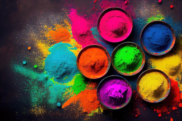 Top view of colorful traditional holi powder in several bowls with powder on the ground