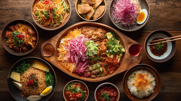 Top view composition of various Asian food in bowl