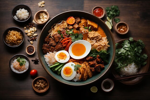 Top view composition of various Asian food in bowls free space for text