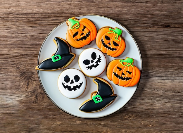 Top view of composition of various halloween cookies on black table