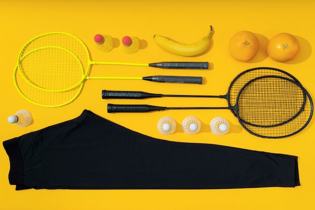 Photo top view of composition with neatly arranged and organized sport items