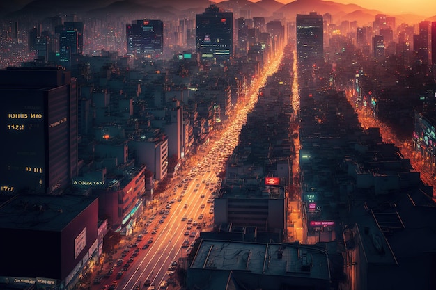 Top view of the congested commercial district of Seoul South Korea at dusk