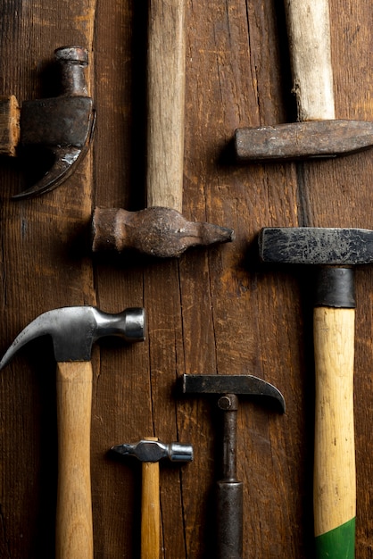 Top view  construction hammers still life