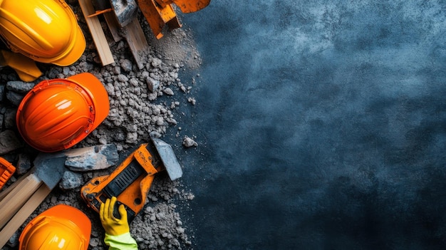 Top view of construction helmets and tools on a gravel surface depicting building safety and construction site themes