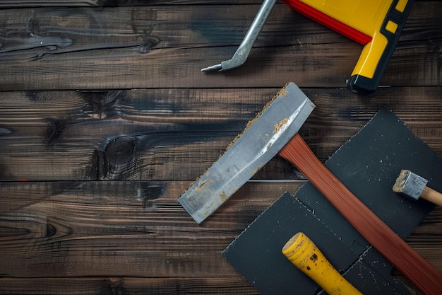 Top view of construction tools as putty knife