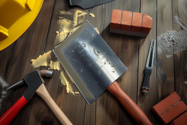 Top view of construction tools as putty knife