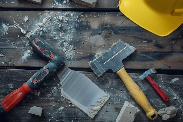 Photo top view of construction tools as putty knife