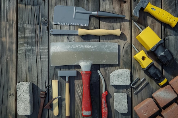 Top view of construction tools as putty knife