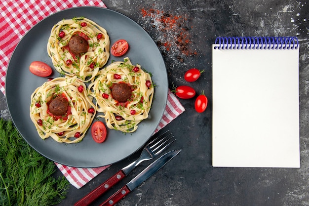 Top view cooked dough slices with meatballs on gray background color meat restaurant dinner dish pasta