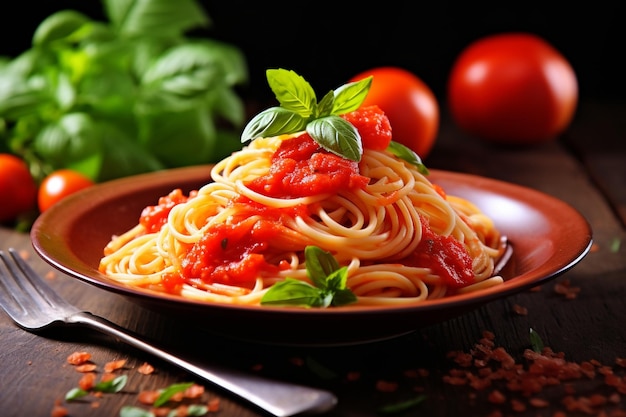 A top view cooked italian pasta with tomato sauce inside plate with cutlery and tomatoes