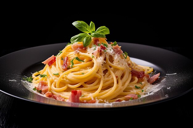 A top view cooked italian pasta with tomato sauce inside plate with cutlery and tomatoes