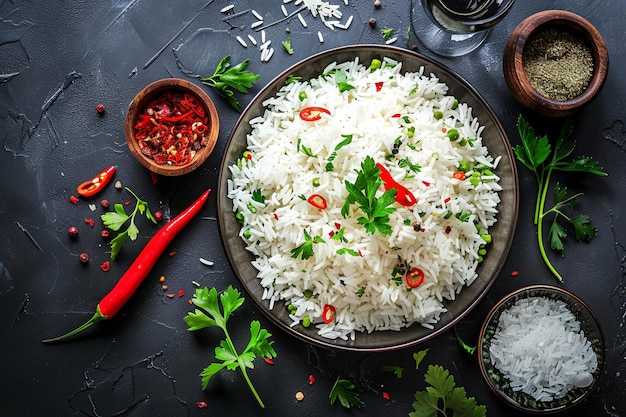 Photo top view cooked rice along with seasonings on dark desk food dish meal