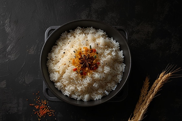 Photo top view cooked rice inside pan with seasonings on dark surface meal food rice eastern dinner