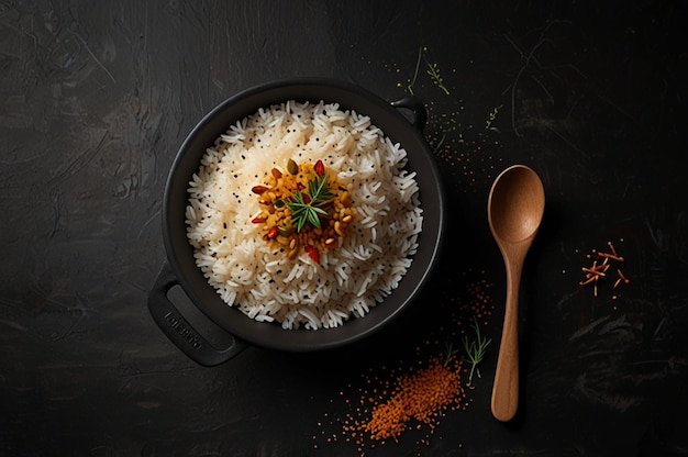 Photo top view cooked rice inside pan with seasonings on dark surface meal food rice eastern dinner