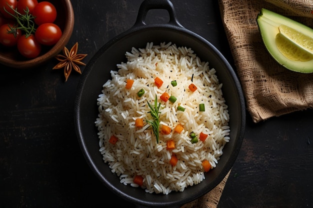 Photo top view cooked rice inside pan with seasonings on the dark surface meal food rice eastern dinner