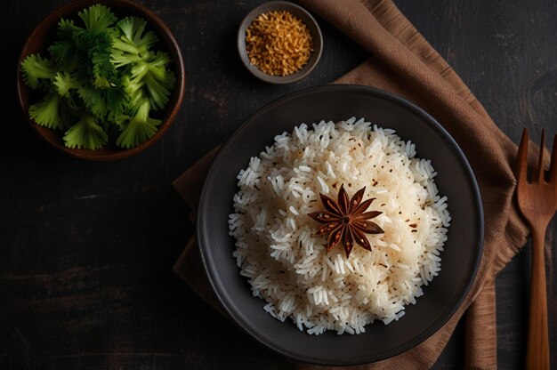 Photo top view cooked rice with seasonings on dark desk meal dark dish east food