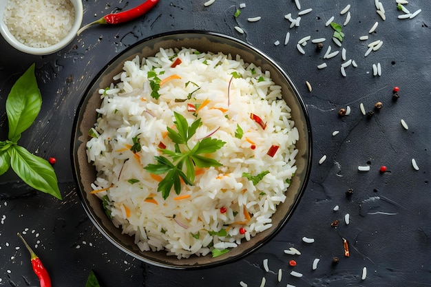 Photo top view cooked rice with seasonings on dark surface dish meal dark food spice