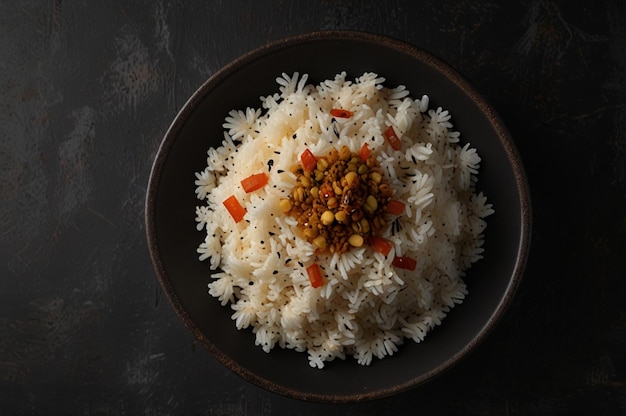 Photo top view cooked rice with seasonings on a dark surface meal dish food dark