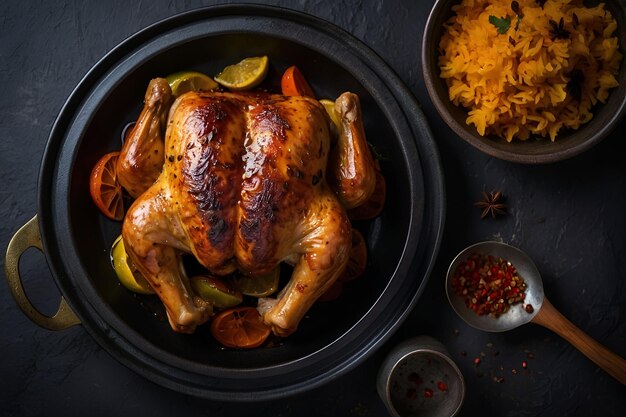 Photo top view cooked spiced chicken on a dark surface