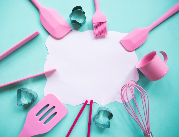 Top view of cooking, bakery utensils, tools.