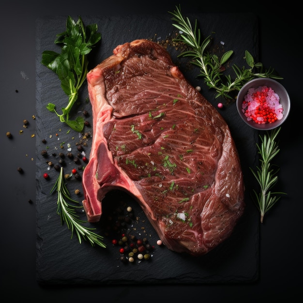 Top view of cooking tomahawk steak with fresh rosemary in luxurious michelinstyle kitchen