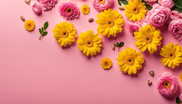 Photo top view copy space pink flowers on a yellow background