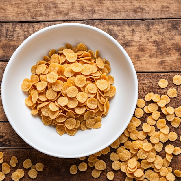 Top view of cornflakes in a white bowl on the table