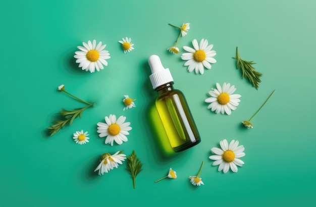 top view of cosmetic product chamomile essential oil bottle flatlay composition with flowers