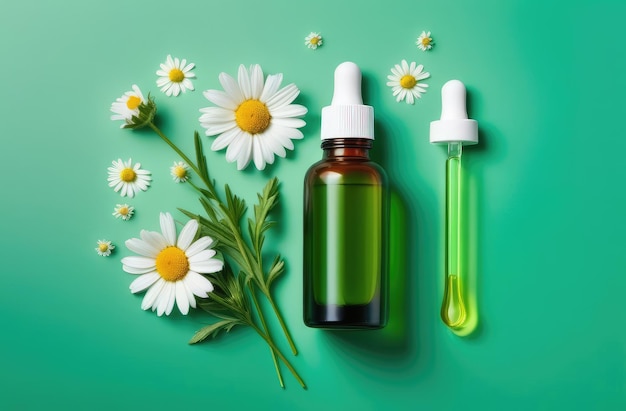 top view of cosmetic product chamomile essential oil bottle with pipette flatlay composition