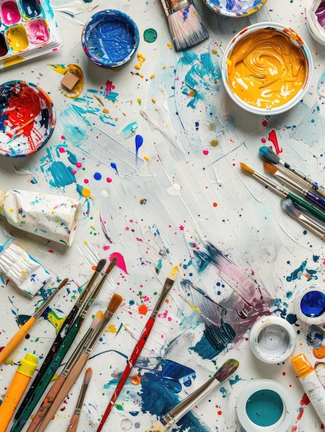 Top view of a craft table with various art supplies like paints brushes and paper