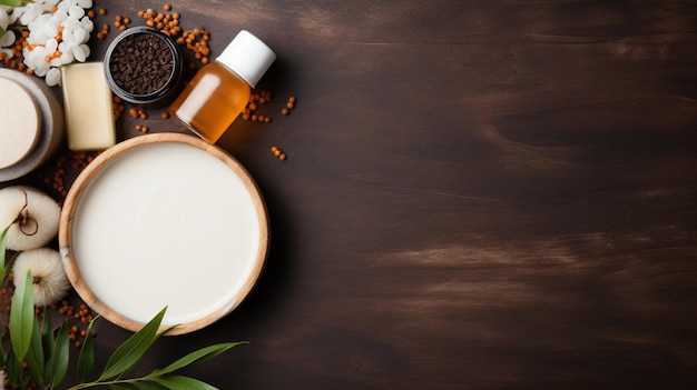 top view of cream with flowers on neutral background Spa concept