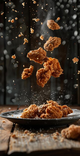 Top view of crispy fried chicken wing on black background