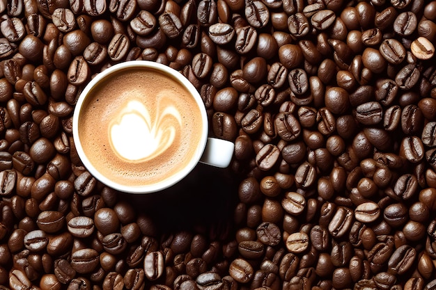 A top view of cup of coffee and coffee beans perfect composition