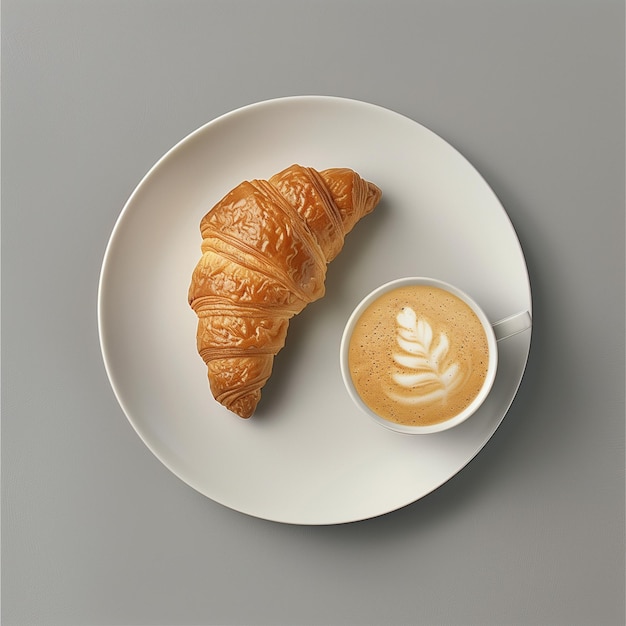 Photo top view of a cup of coffee and a croissant on a plate against a grey background