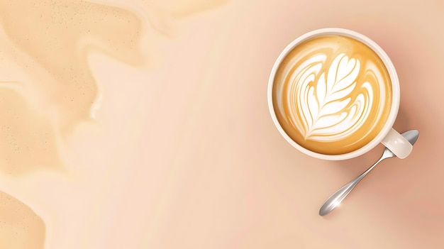 Photo top view of a cup of coffee with latte art and a spoon on a beige background