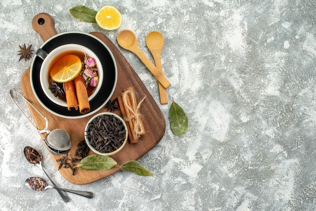 Top view cup of tea with lemon on white background flower ceremony food color morning flavor fruit breakfast