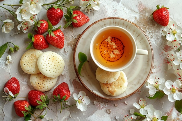 Top view of a cup of tea with rice cakes honey fresh strawberries sugar and jam on rustic